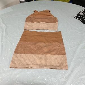 Two-Piece Knit Crop Top & Skirt Set in Brown Colorblock